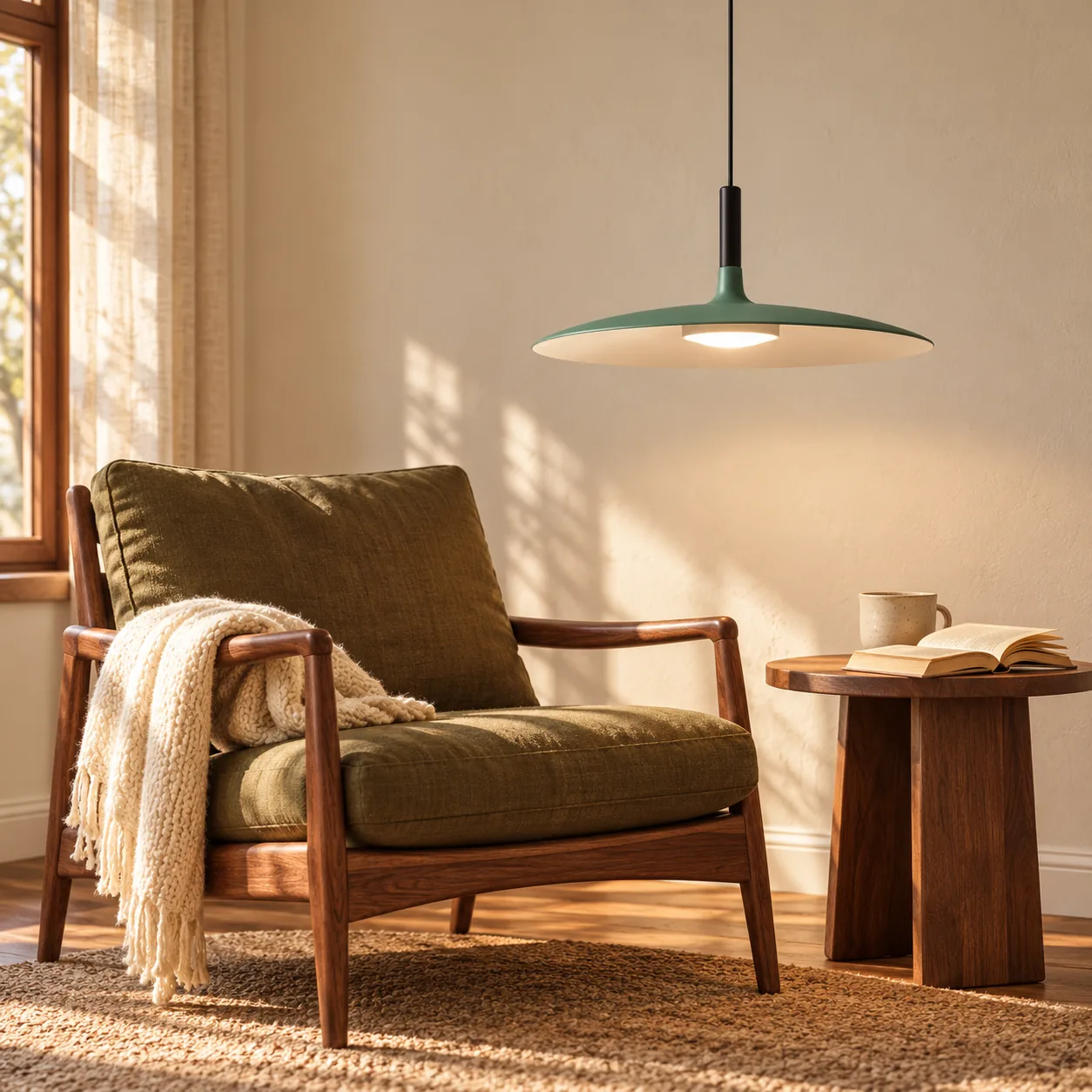 Green disc pendant in a reading corner