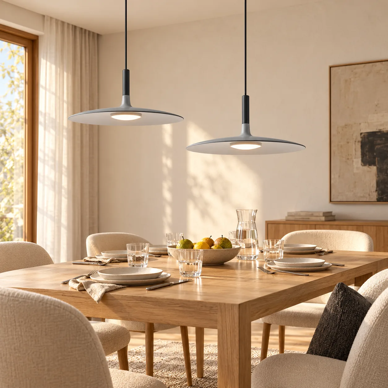 Two grey disc pendants over a dining table