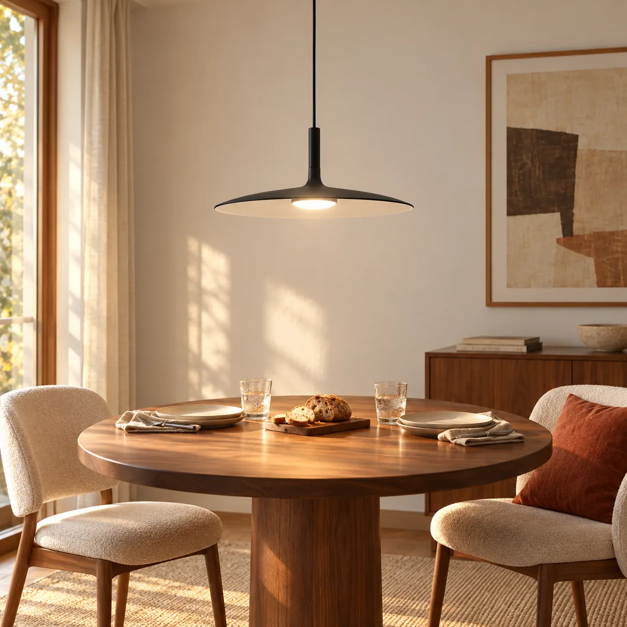 Black disc pendant over a walnut dining table