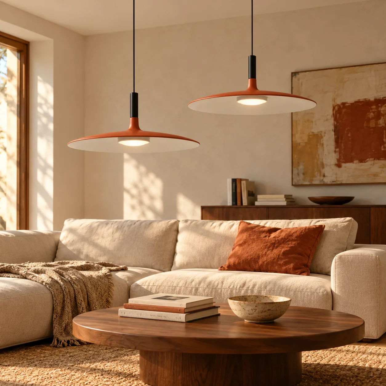 Two orange disc pendants in a living room