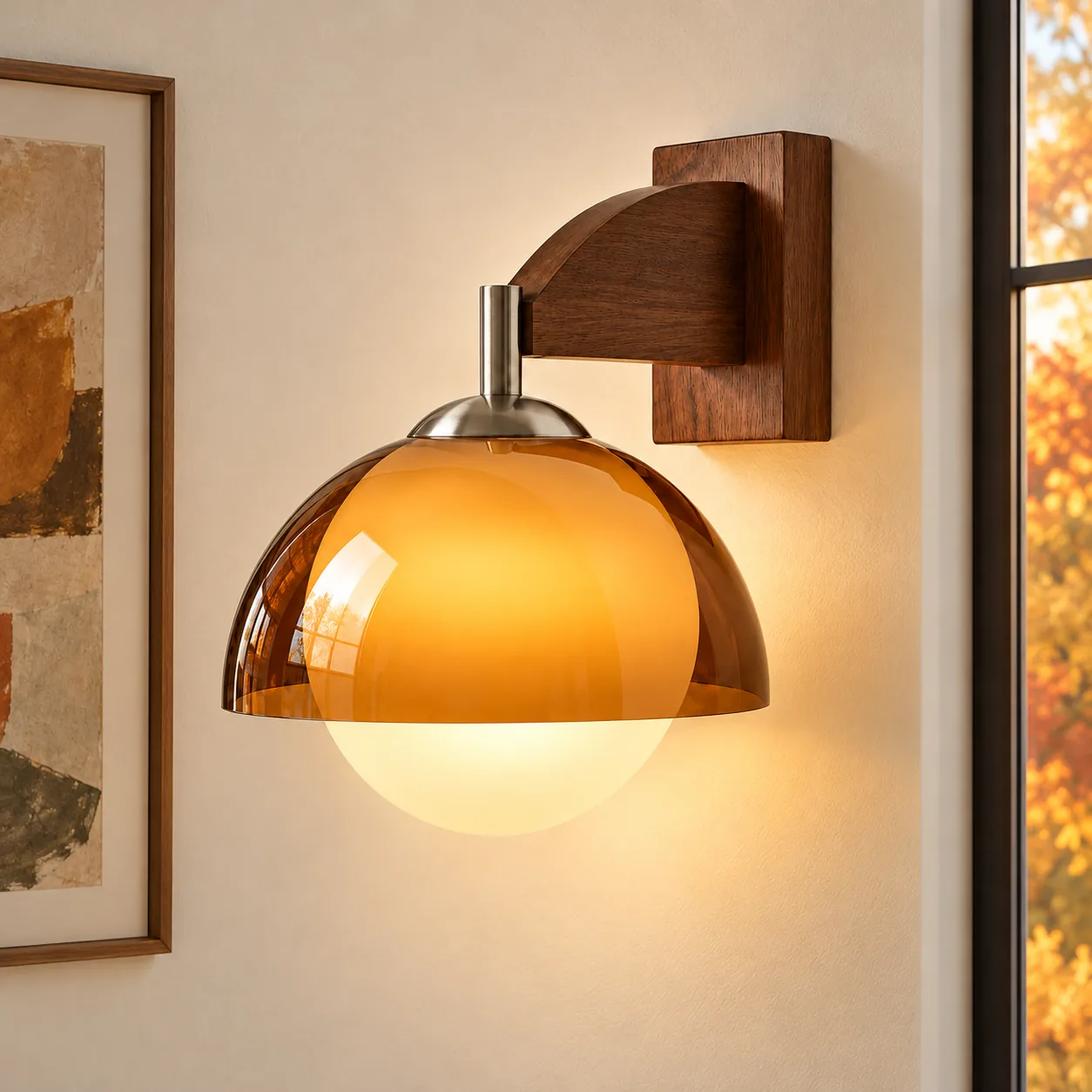 Amber dome wall light on a cream wall