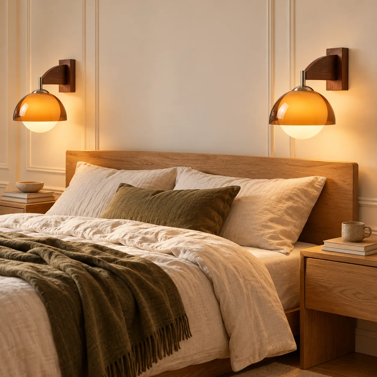 Wall lights on both sides of a bed