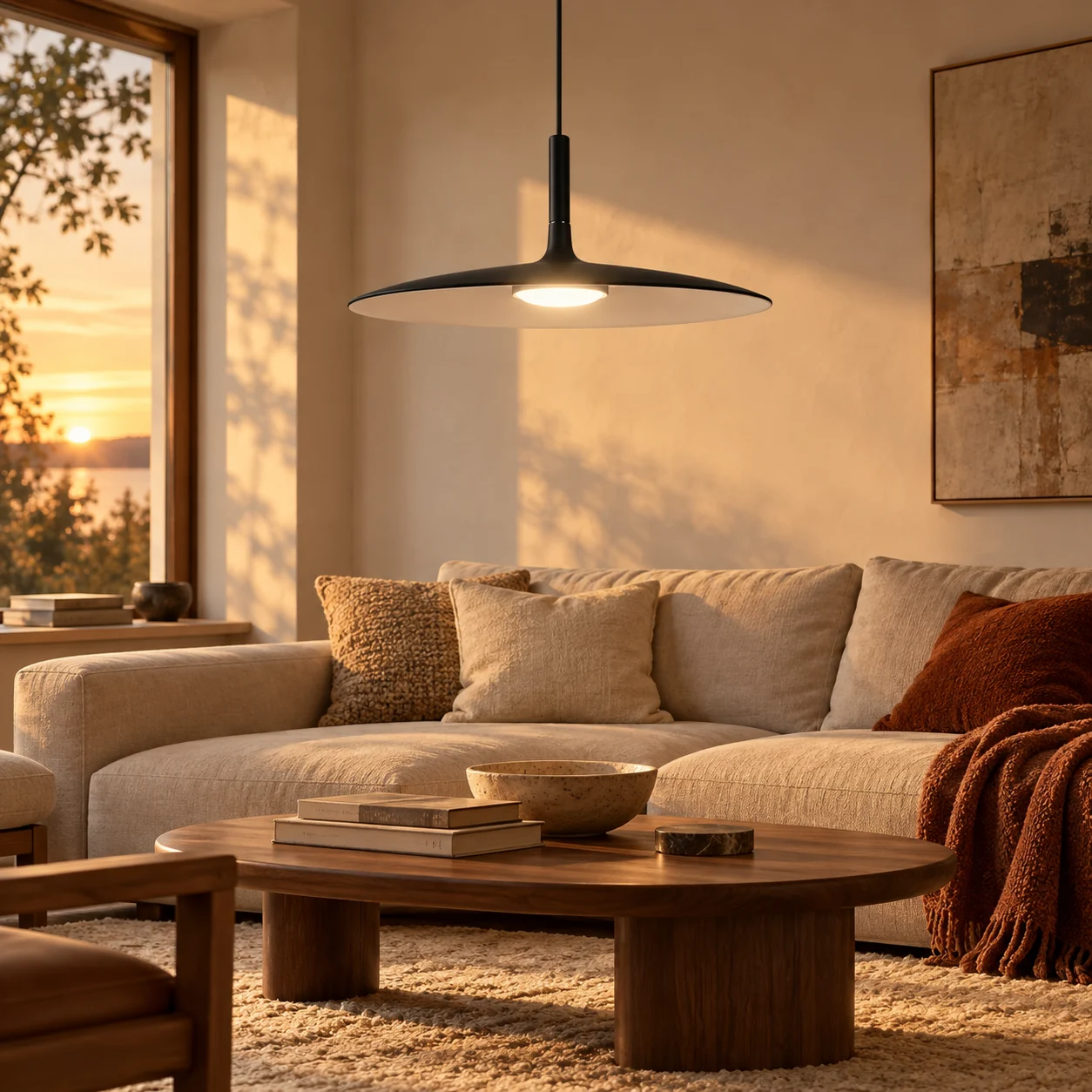 Black disc pendant in a warm evening living room