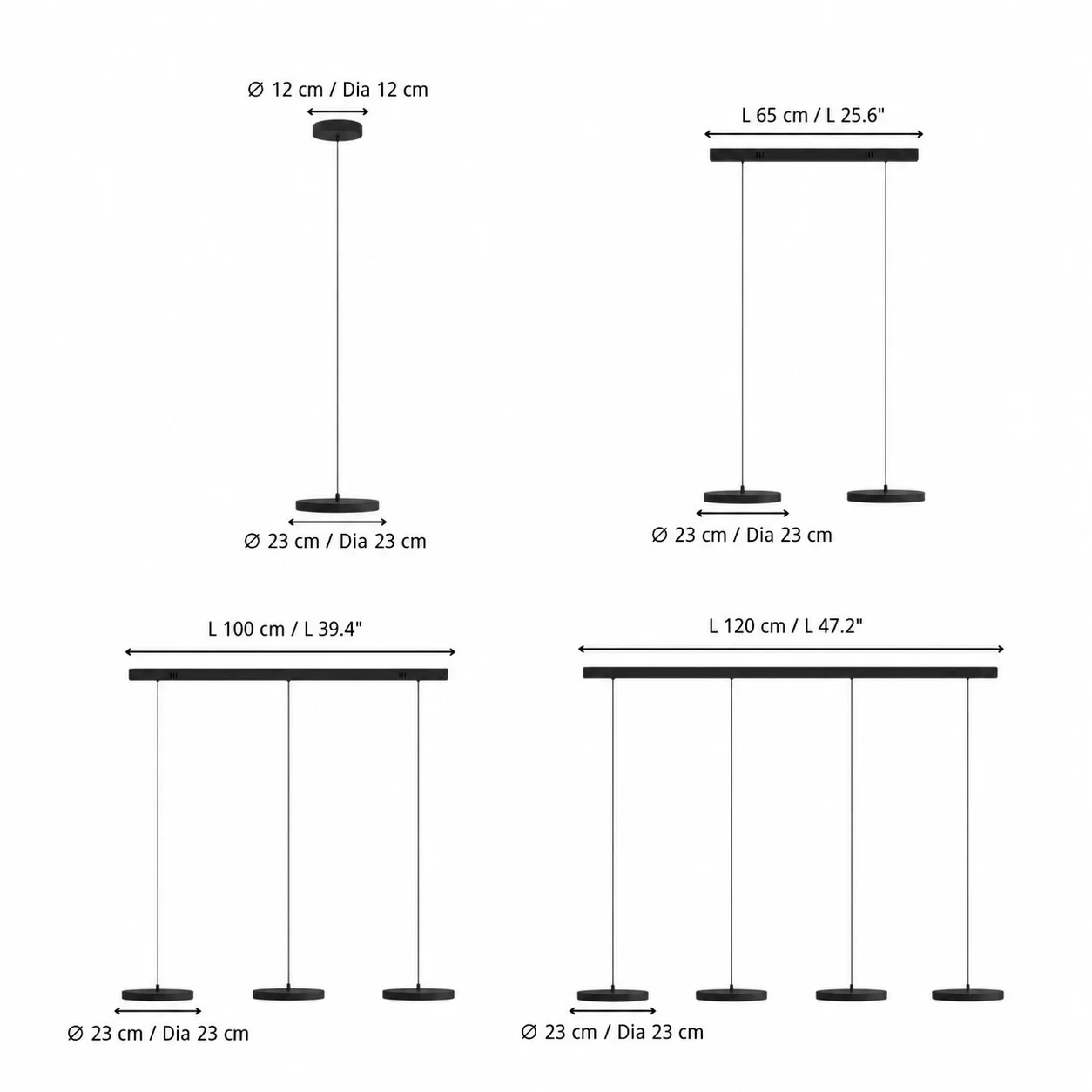 Size drawing for 1, 2, 3 and 4 lights