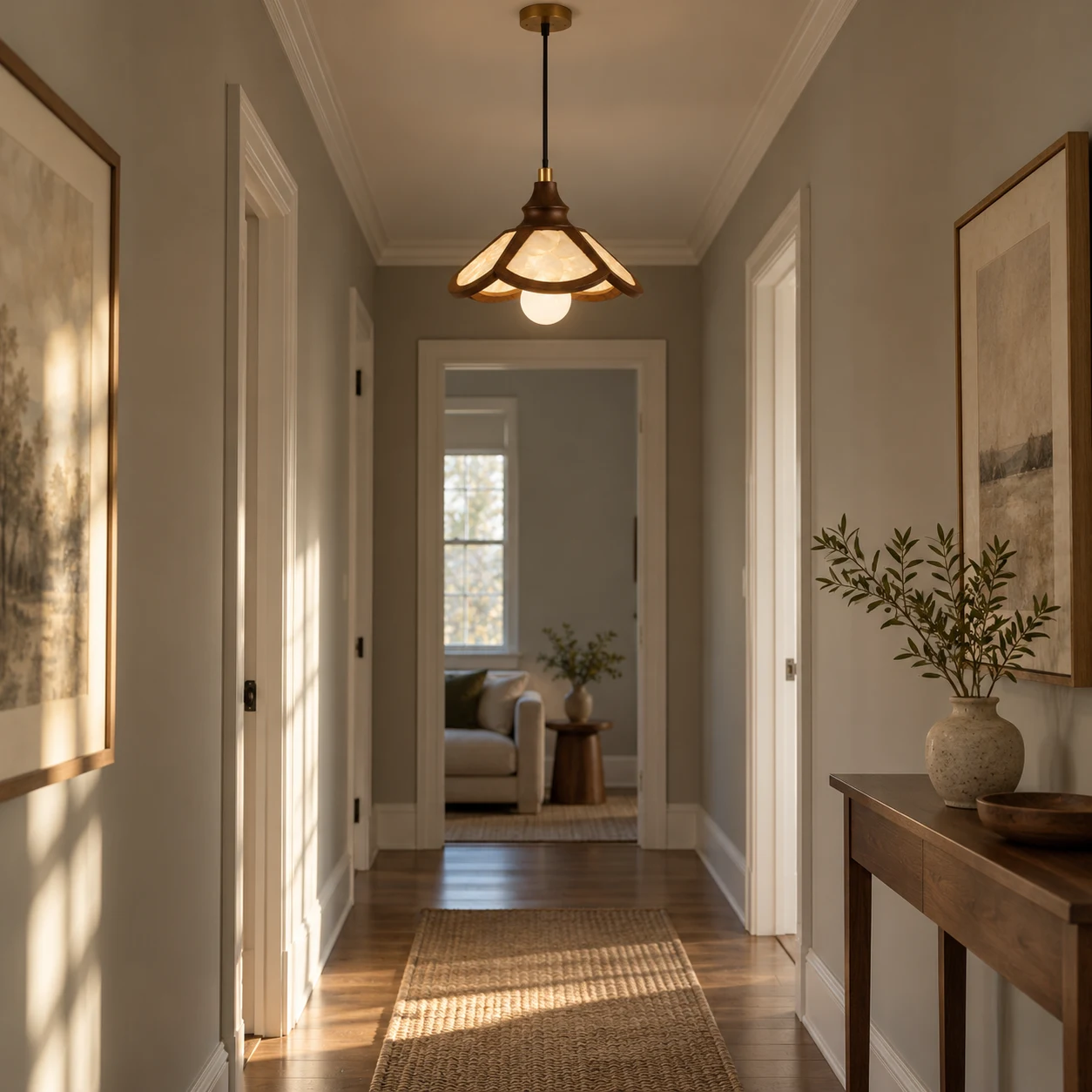 Vintage petaled shell pendant in a hallway