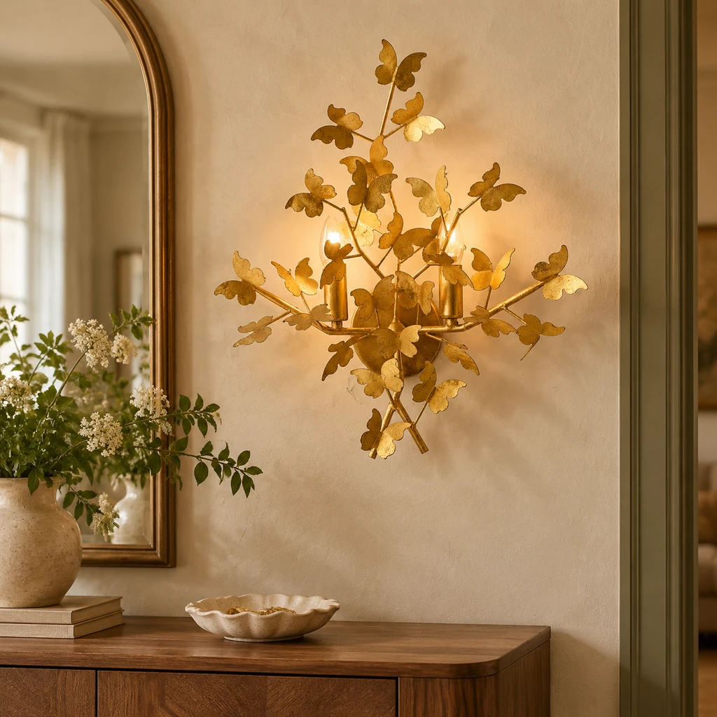 Nora gold-leaf wall light in a dressing corner