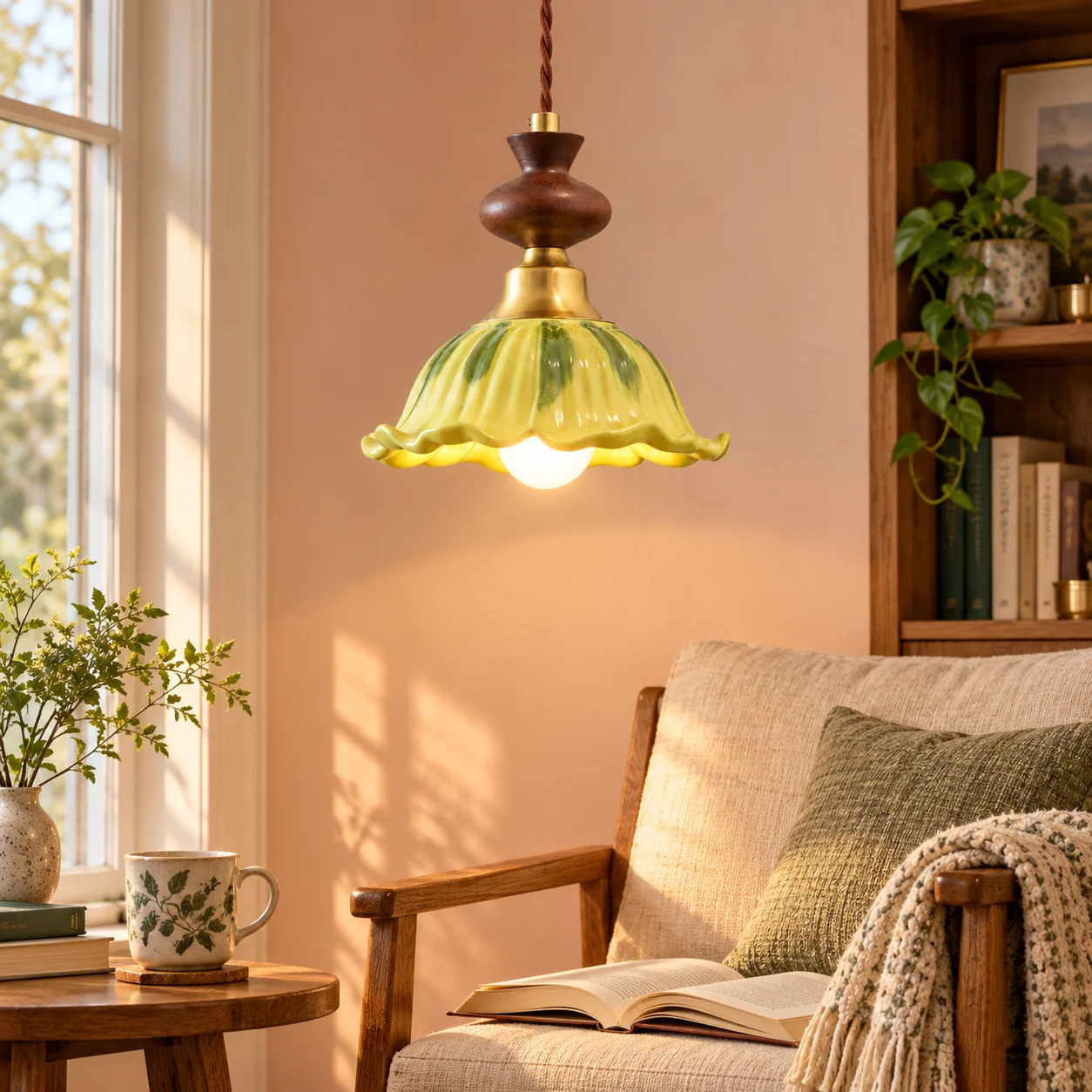 Vintage green ceramic wood pendant in reading corner