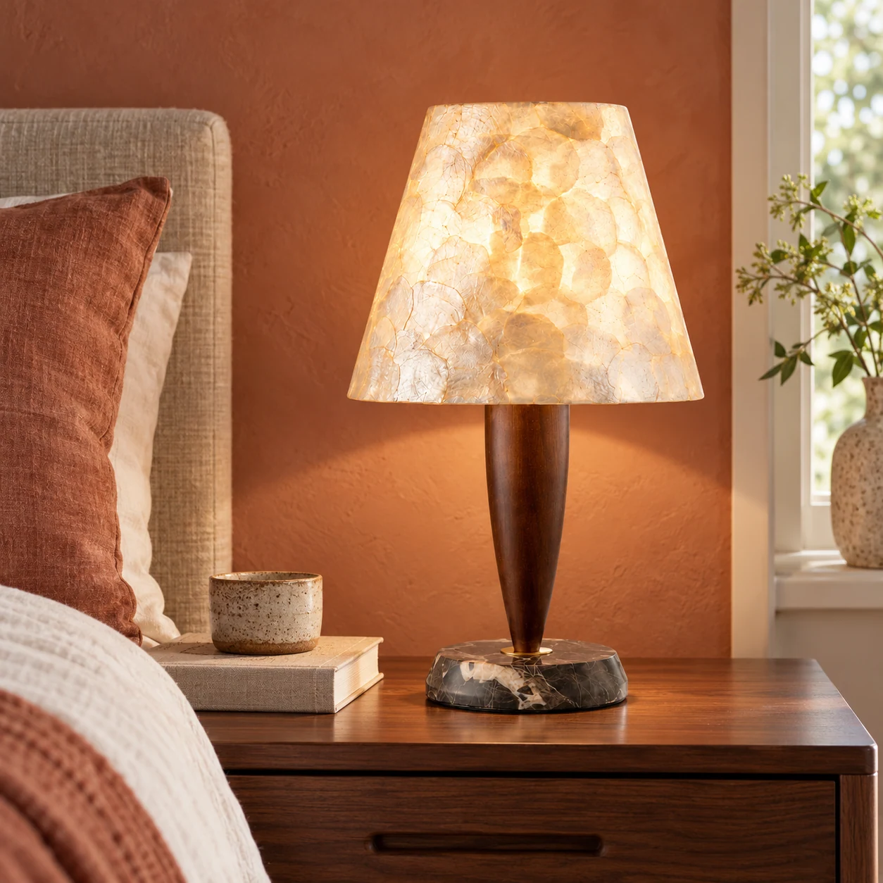 Vintage Textured Shell and Solid-Wood Table Lamp on a nightstand