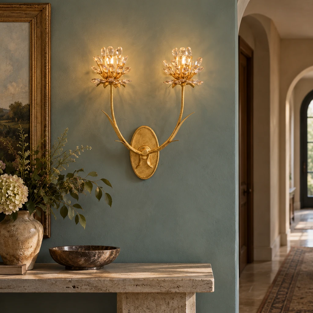 Aria crystal flower wall light in a boutique corridor