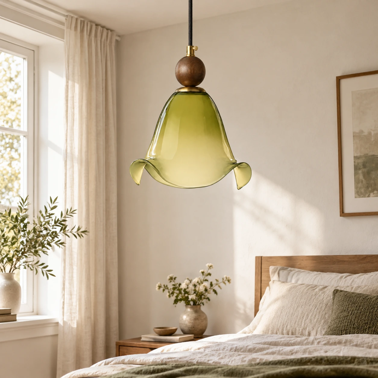Finn Vintage Floral Walnut Wood and Metal Pendant Light - generated image 2