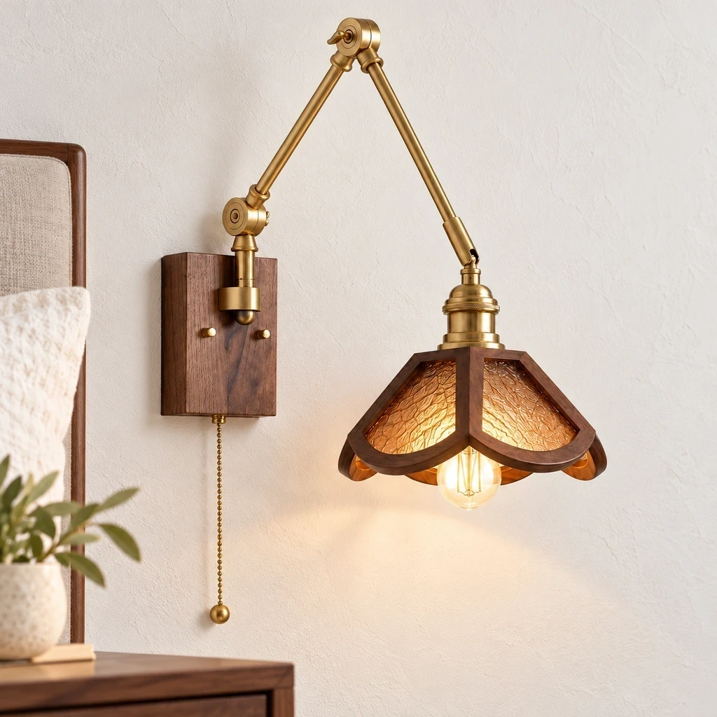 Wushlp Vintage Adjustable Ash-Wood and Copper Wall Light installed in a bright interior