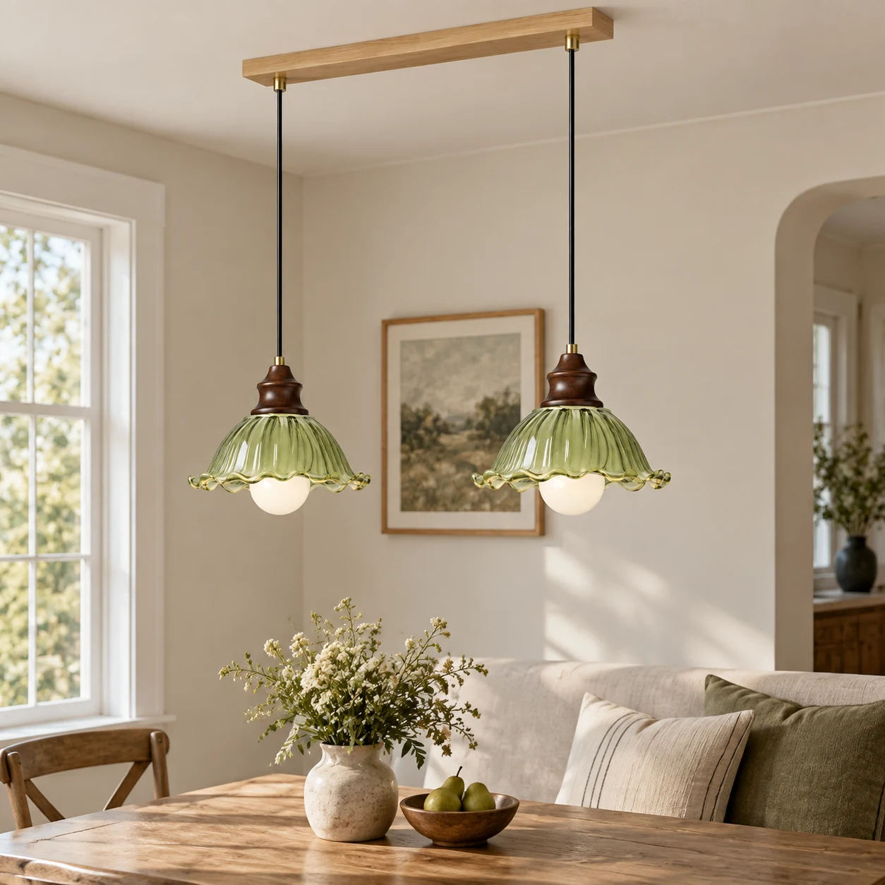 Two green glass pendants above dining nook