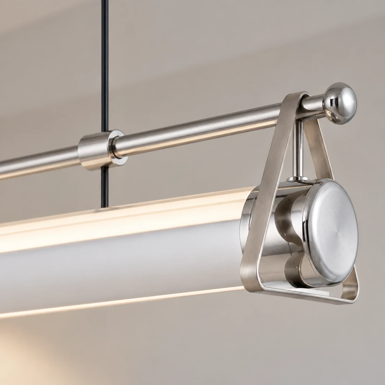 Close view of Fengshan Bauhaus Geometric Aluminum Linear Pendant Light triangular end bracket and cable connection