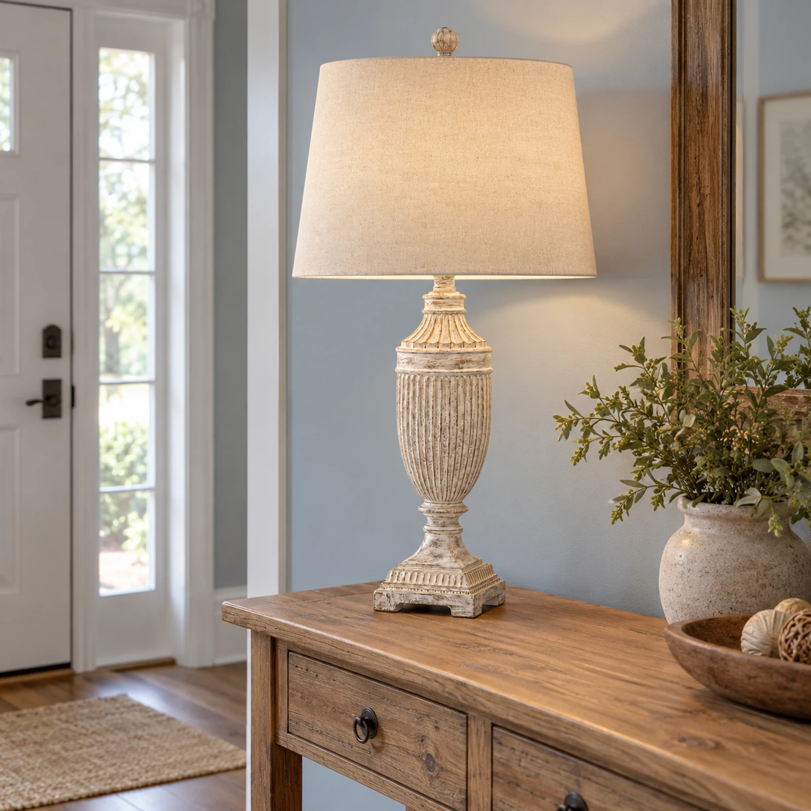 Jules wood table lamp on an entry console