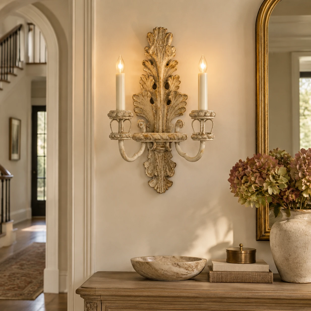 Odette French Candle Wood Wall Sconce in a residential interior