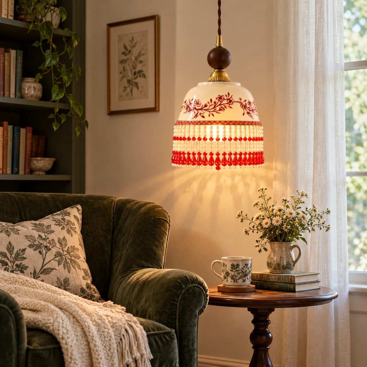 Ceramic pendant light above a reading corner
