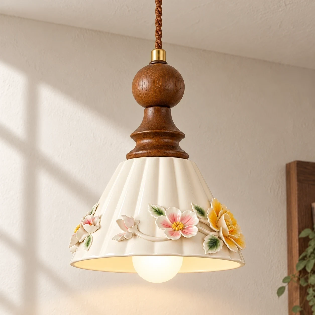 Vintage Floral Ceramic and Wood Pendant Light installed in a bright interior