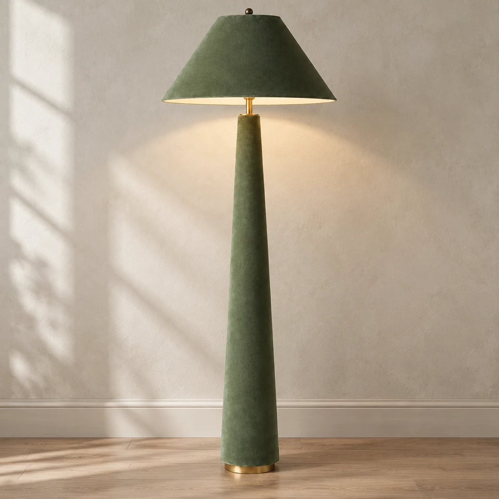 Marlowe oil-green velvet floor lamp illuminated against warm-gray plaster