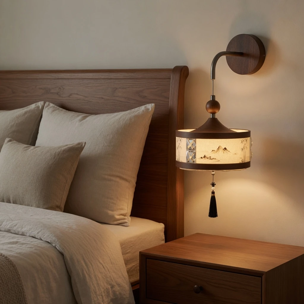 Small wall sconce beside a bedroom headboard