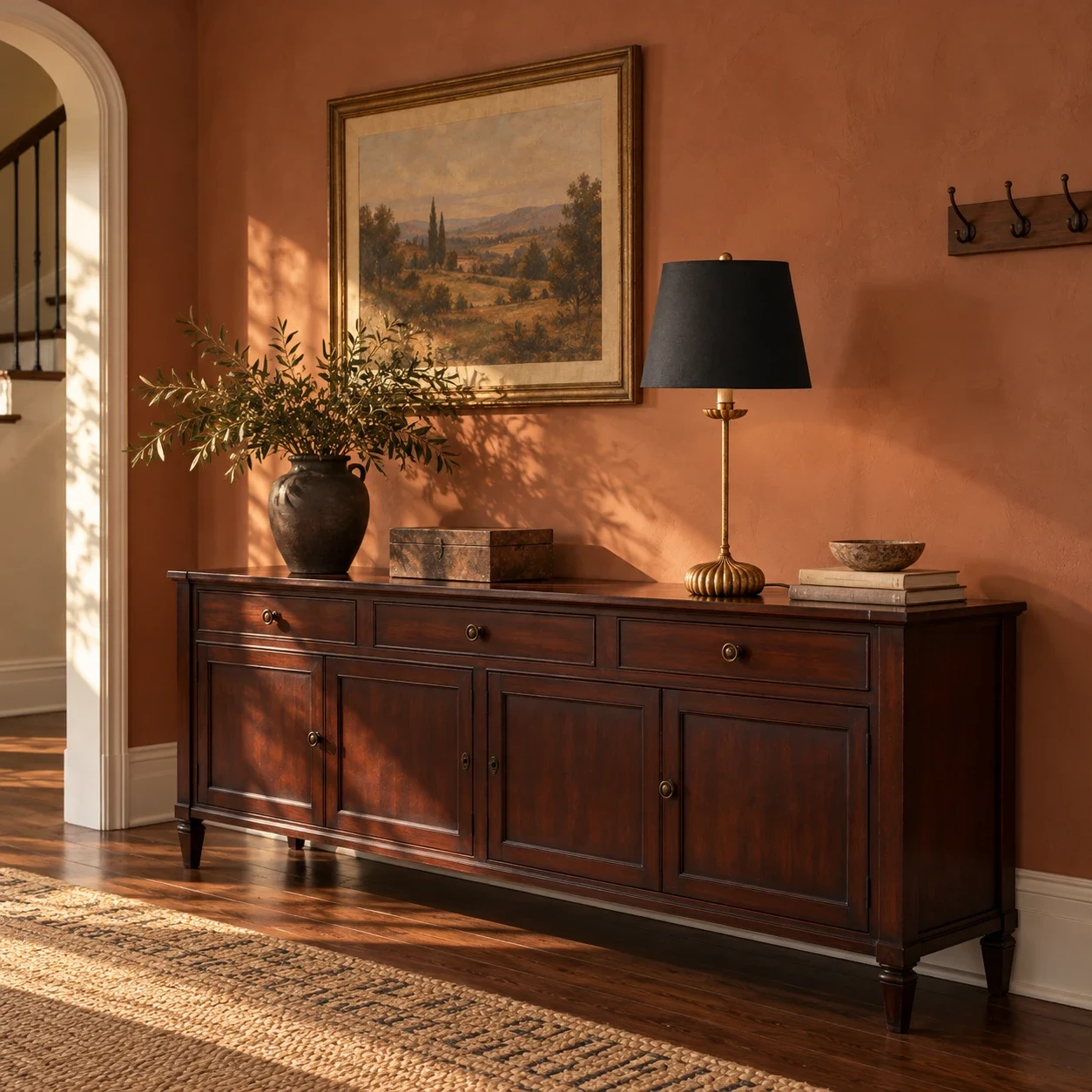 Clove table lamp with black shade on a clay entry sideboard