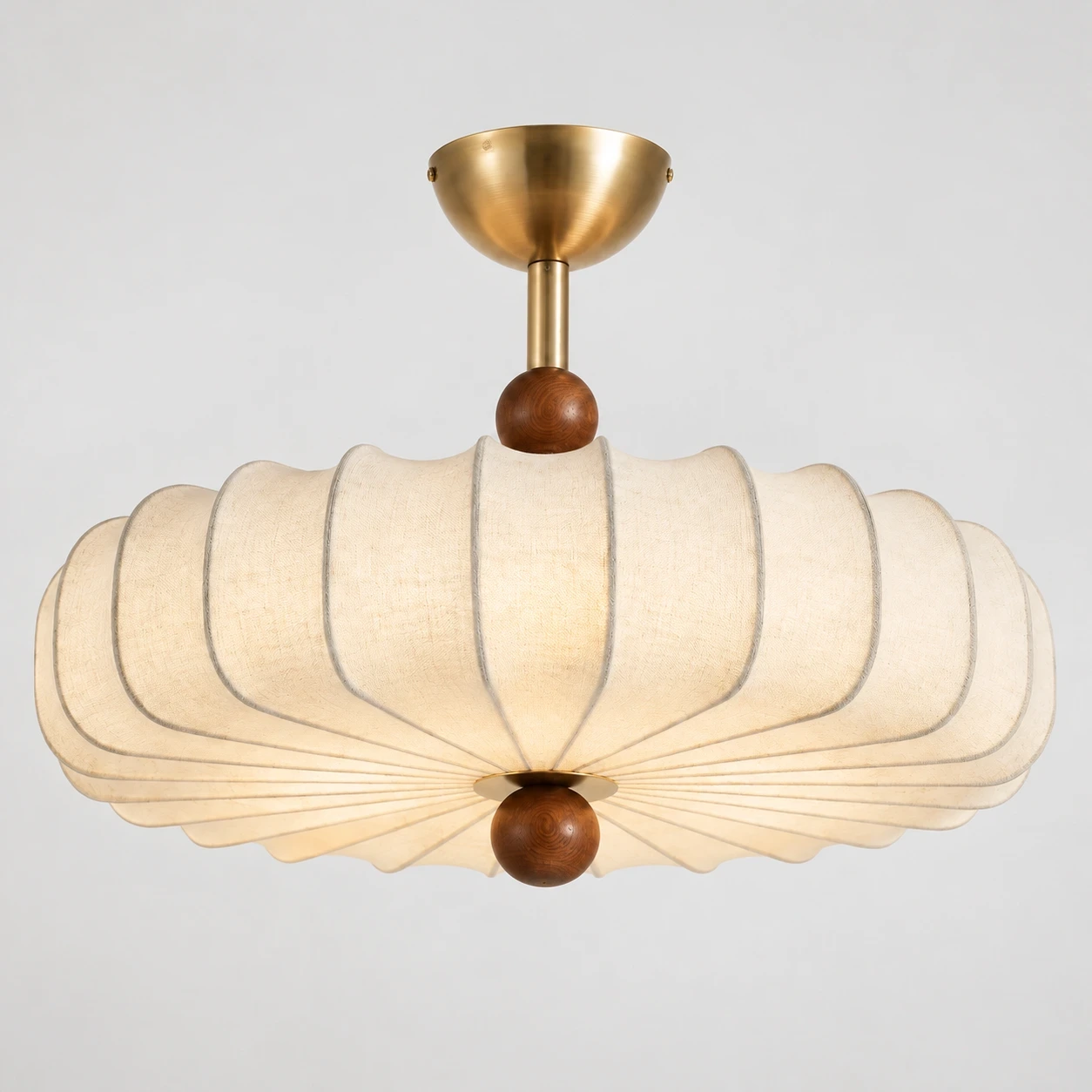Wushlp Vintage Premium Fabric and Metal Flush Mount Ceiling Light switched on in a neutral studio