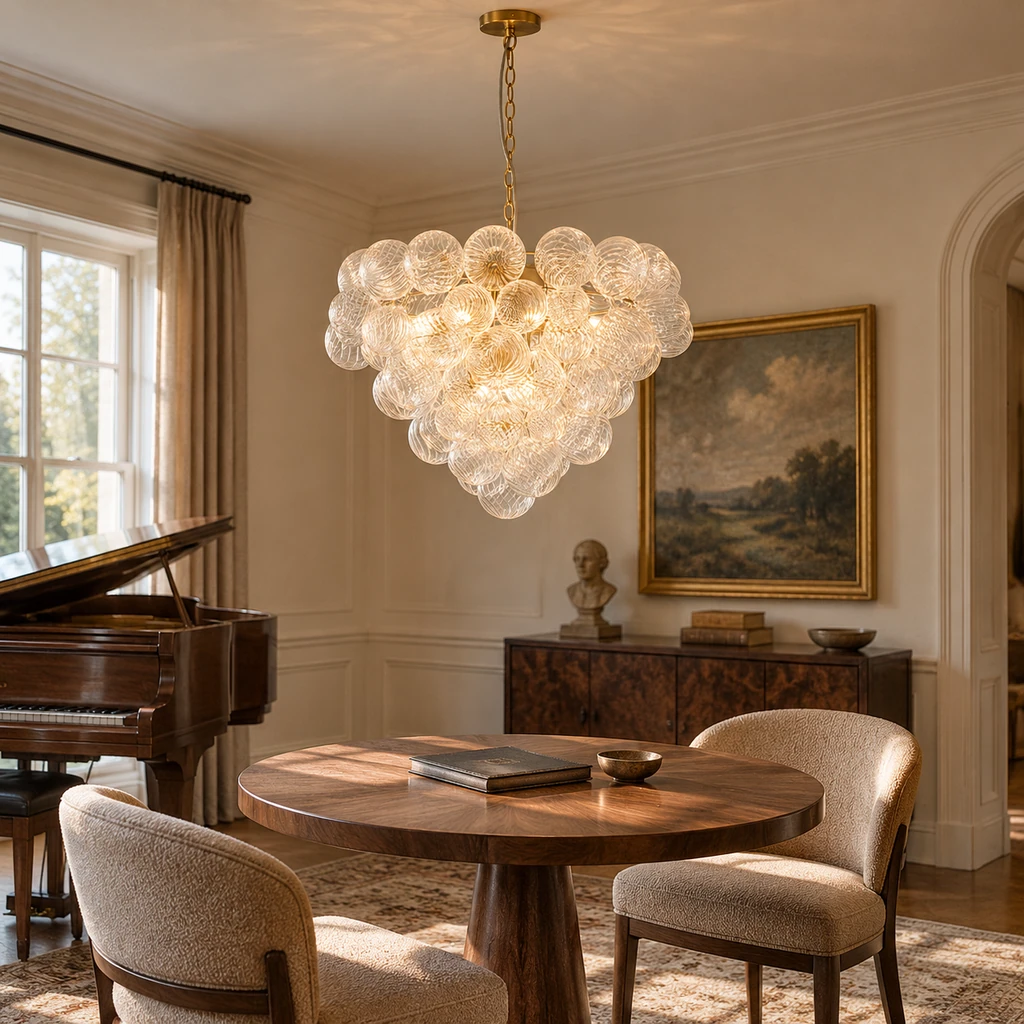 Amelie glass chandelier above a music-room card table