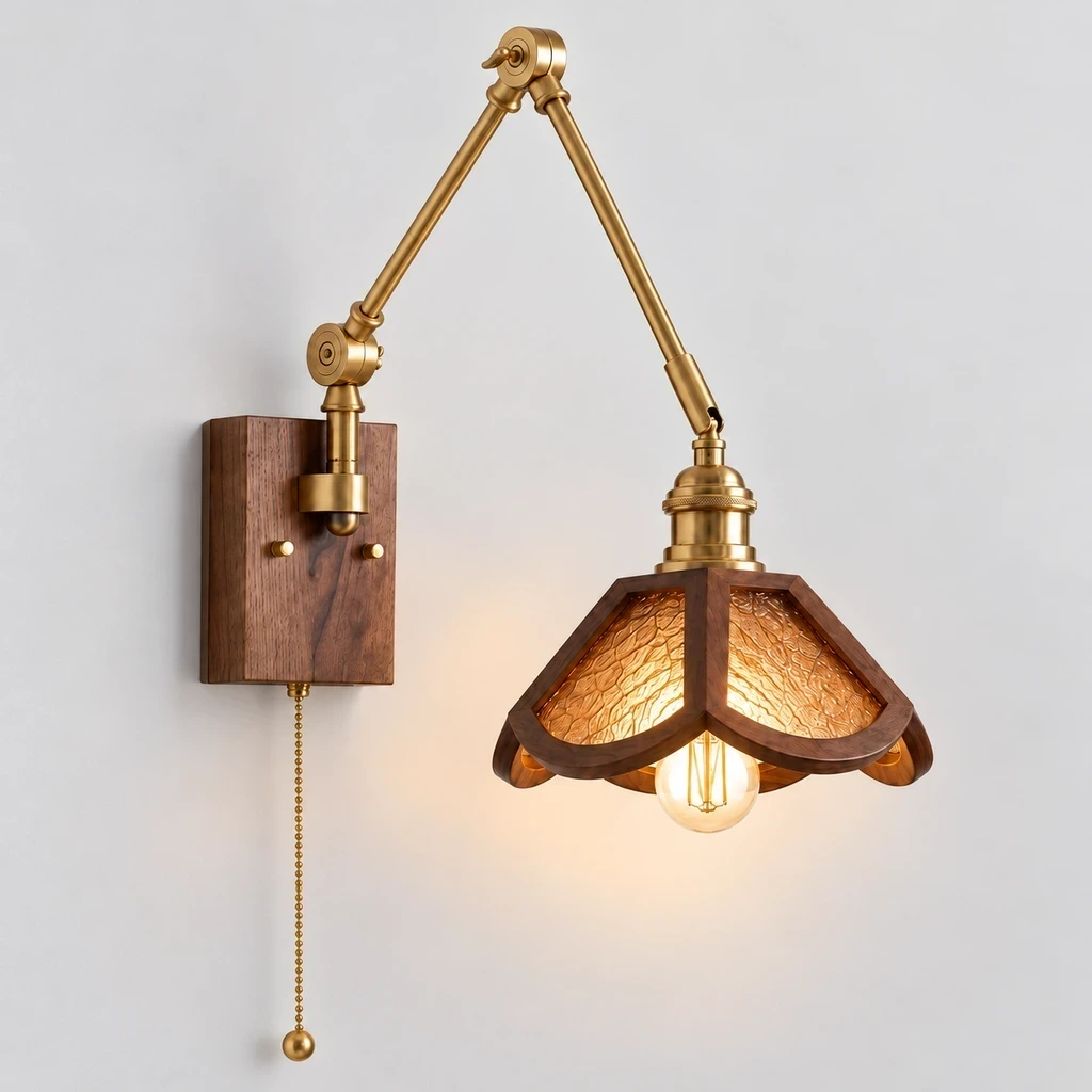 Wushlp Vintage Adjustable Ash-Wood and Copper Wall Light switched on in a neutral studio