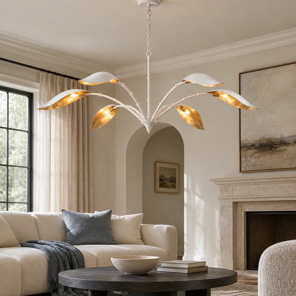 Elowen botanical chandelier above a collected living-room seating group
