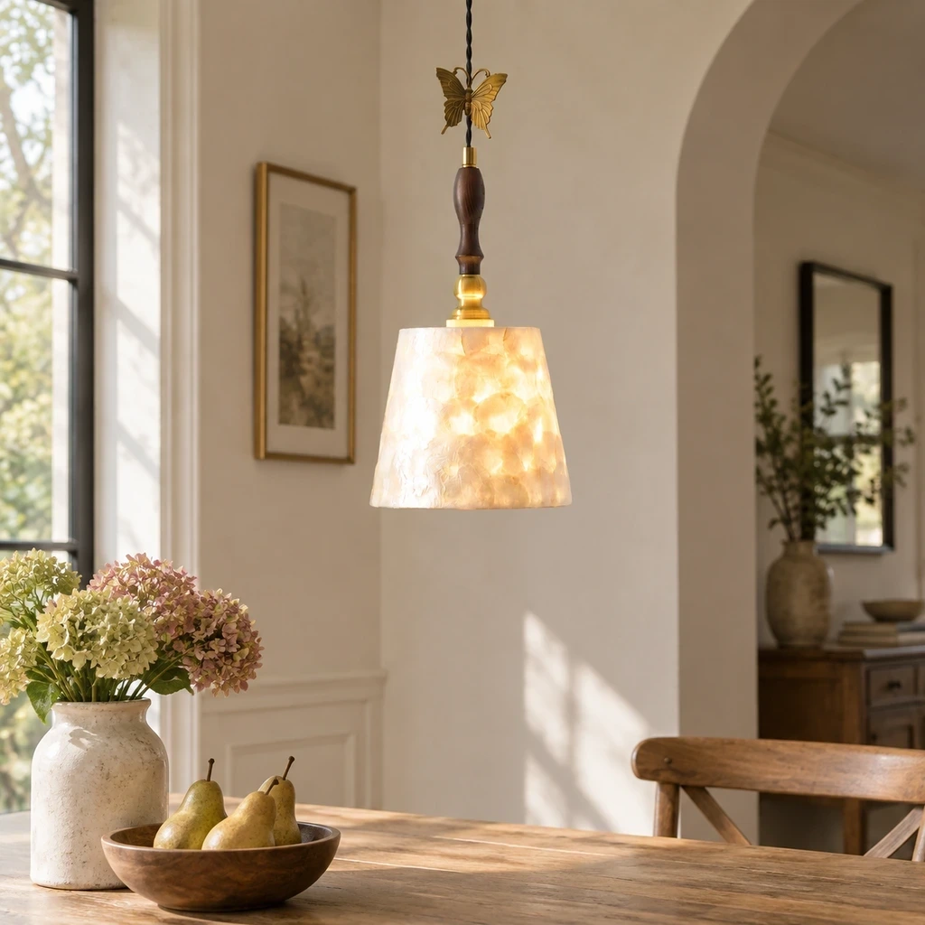 Elena Vintage Butterfly Shell Wood Pendant Light in a study or console setting