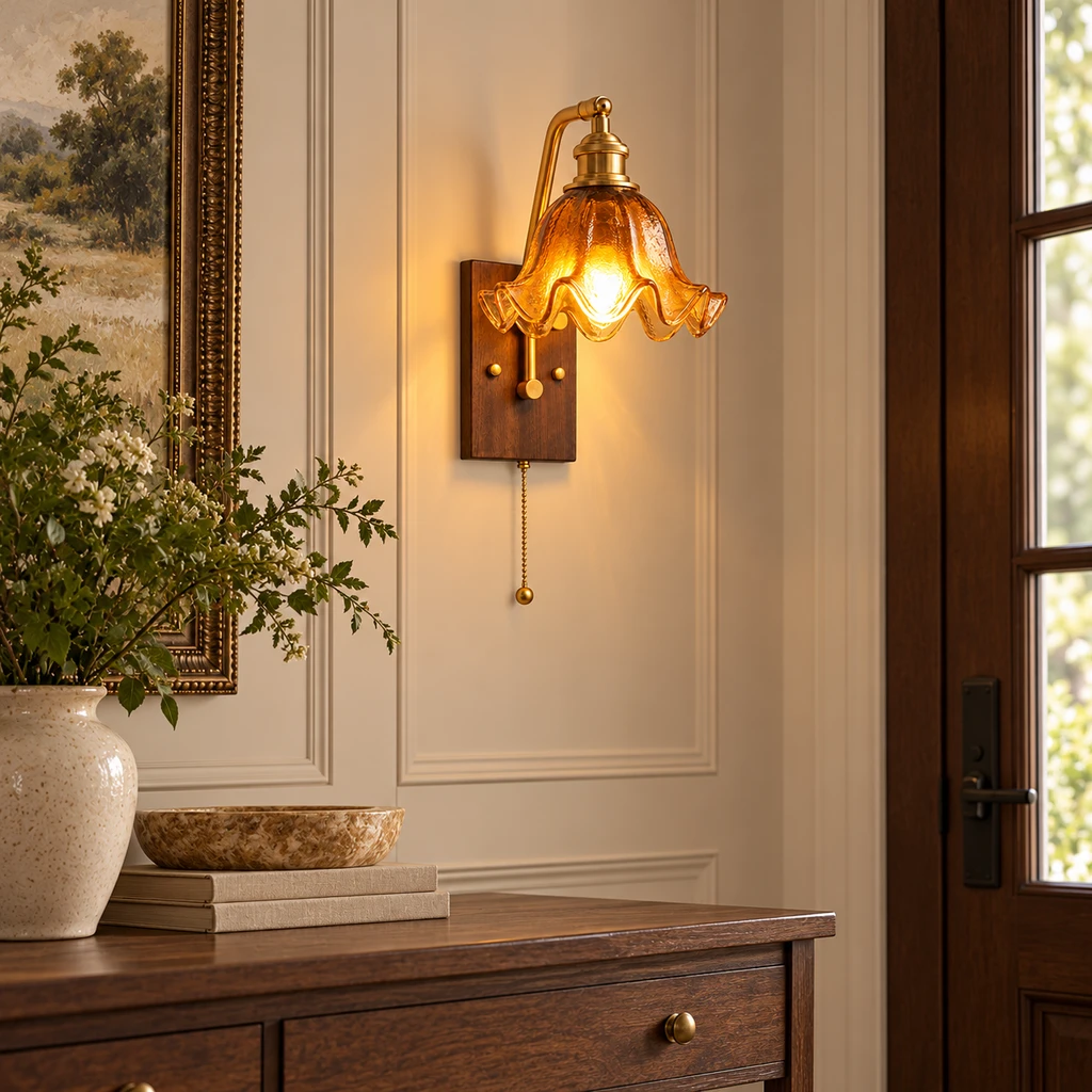 Nora amber glass petal wall sconce in an entryway