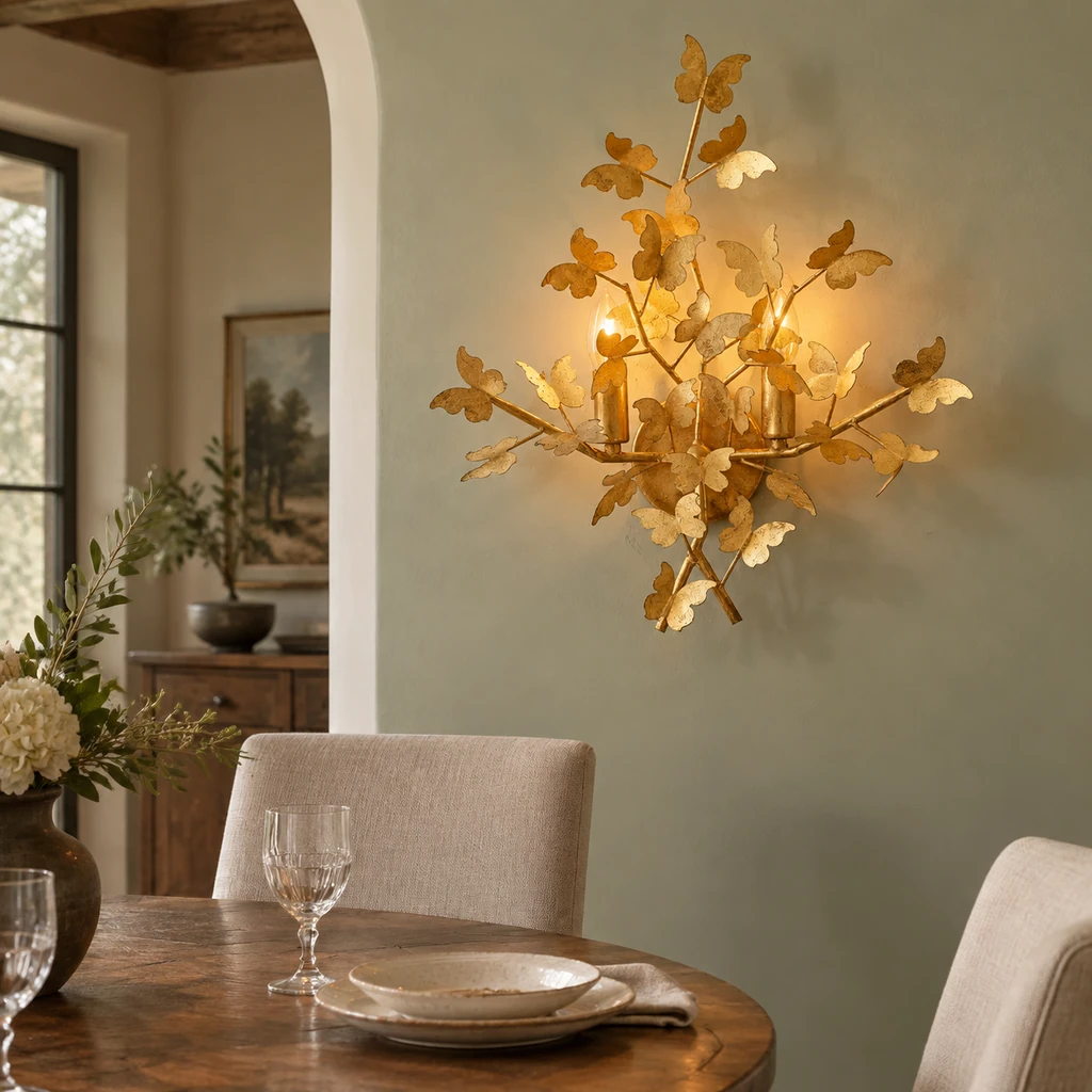 Nora gold-leaf wall light beside a dining setting