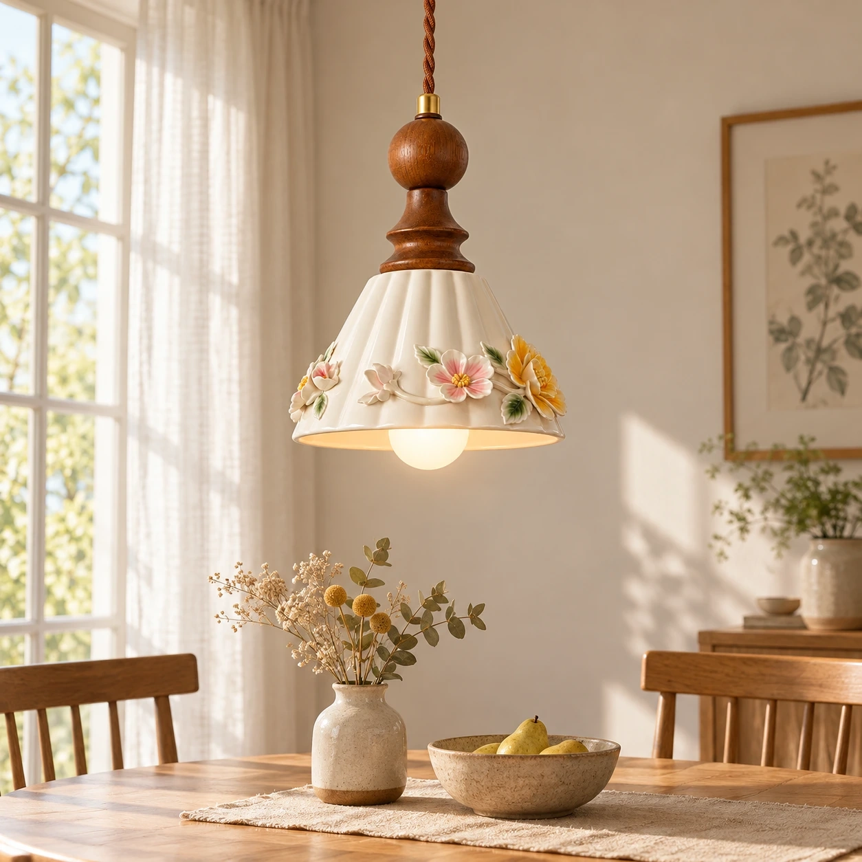 Vintage Floral Ceramic and Wood Pendant Light above a dining table