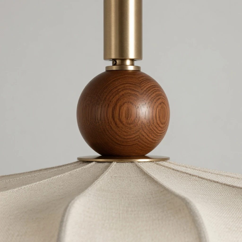 Close view of the walnut sphere and brass stem