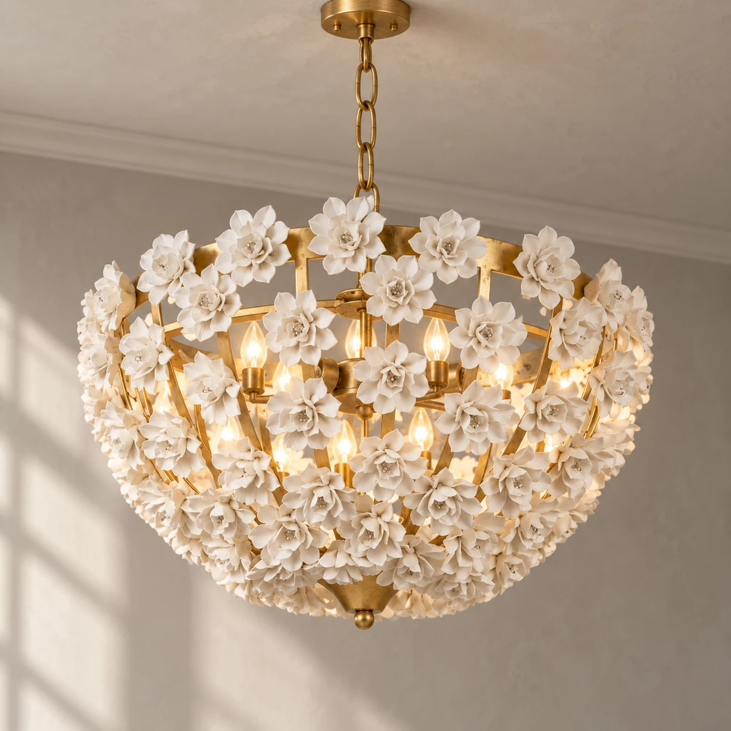 Elodie ceramic flower chandelier illuminated against pale smoke-gray plaster