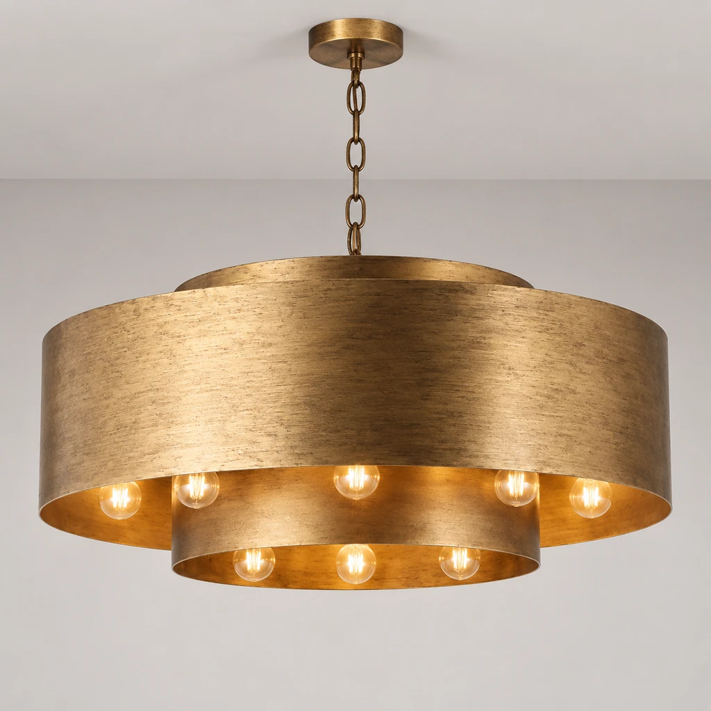Isla nine-light antique-gold pendant illuminated in a neutral studio