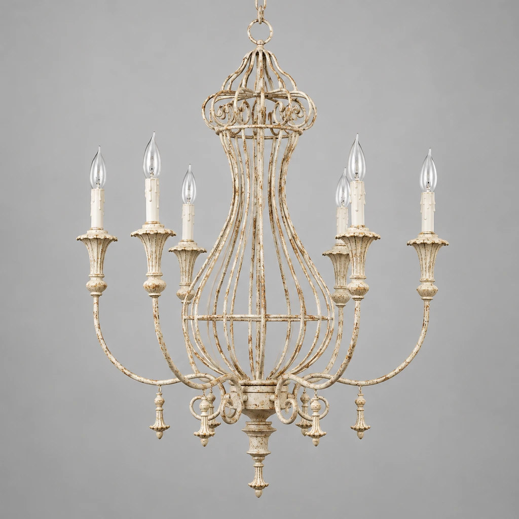 Elowen distressed iron lantern chandelier switched off in a neutral studio