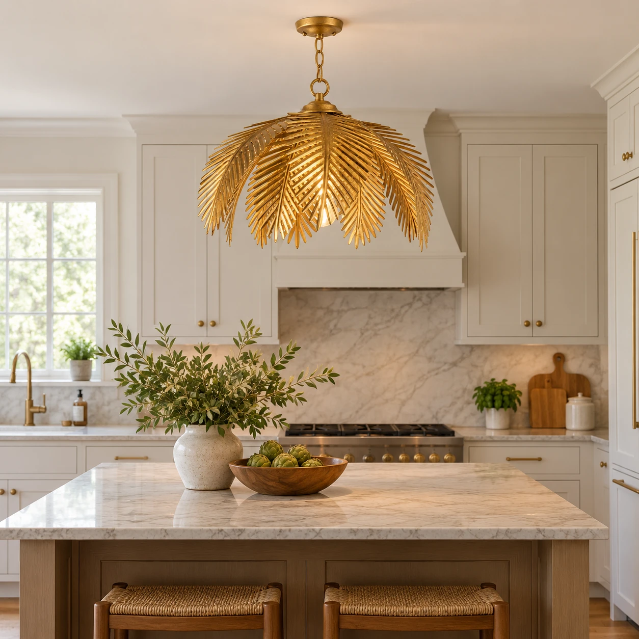 Mila gold leaf chandelier above an American kitchen island
