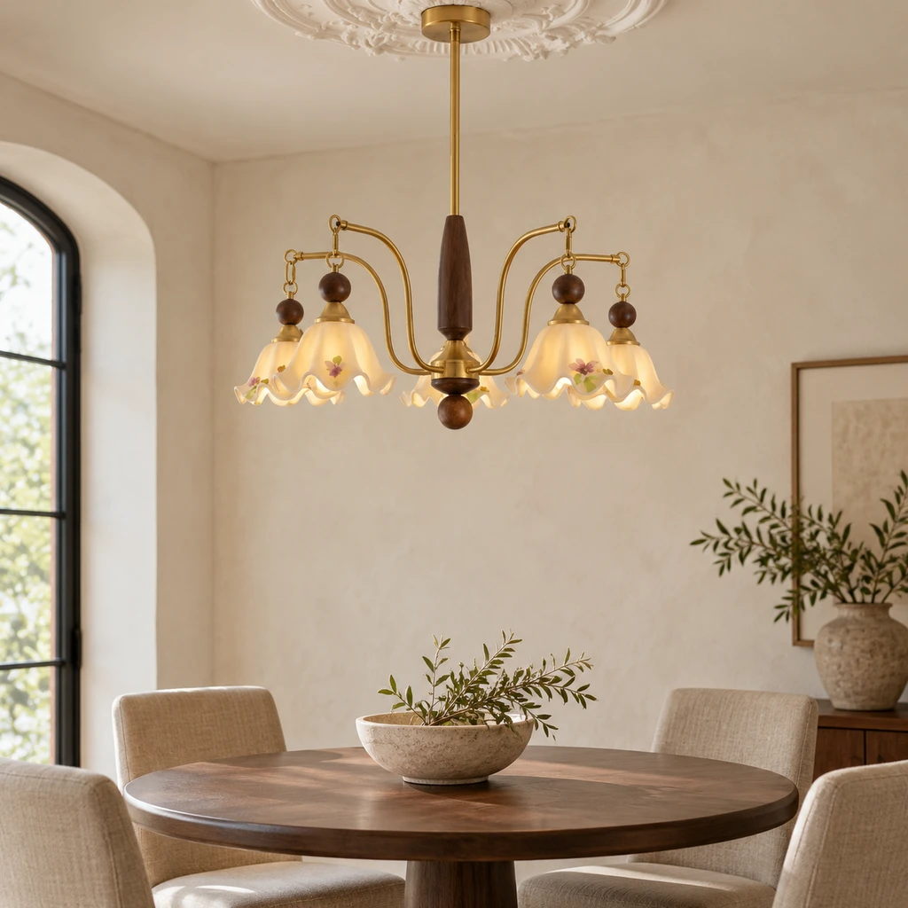 Camille four-light floral chandelier in a dining room