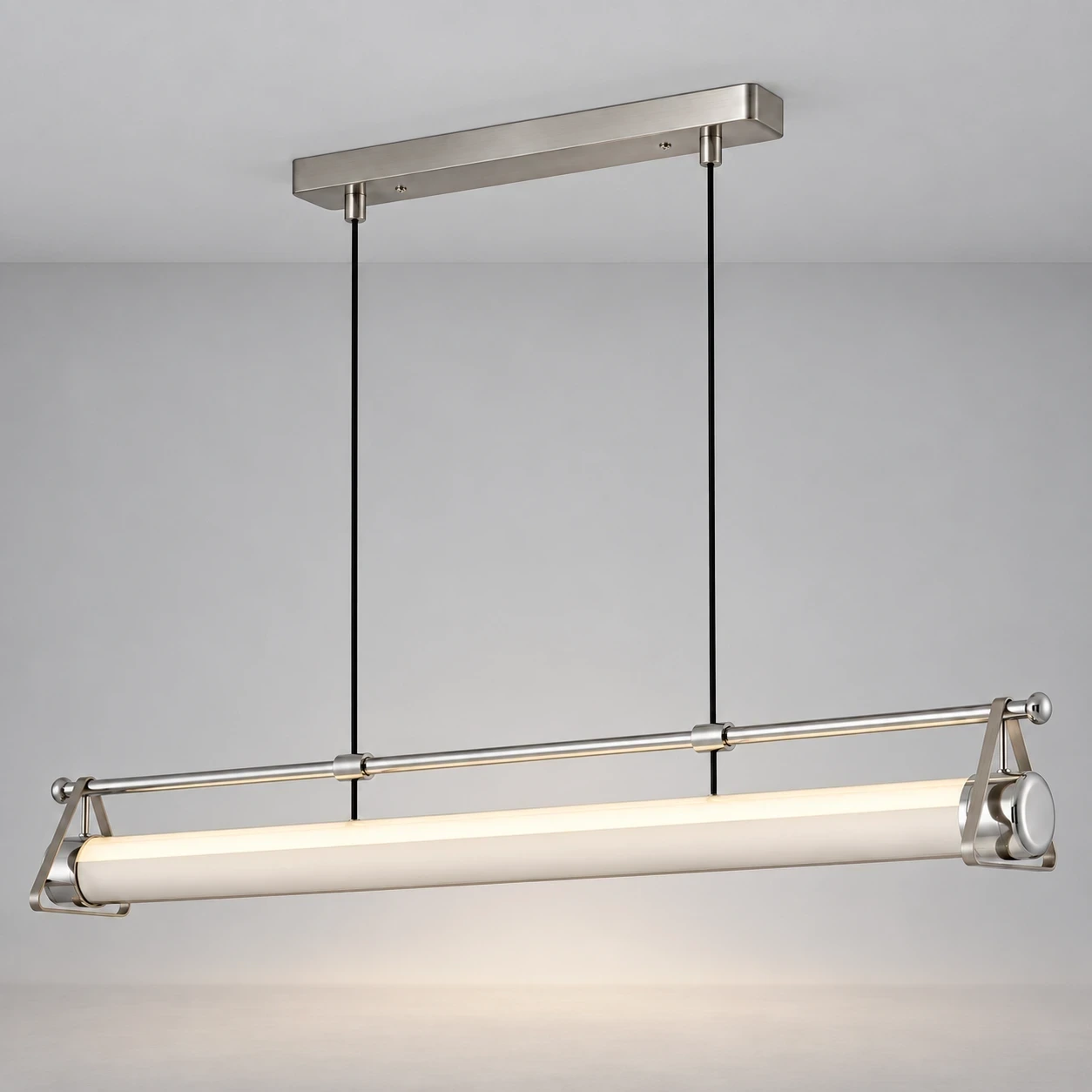 Fengshan Bauhaus Geometric Aluminum Linear Pendant Light switched on in a neutral studio