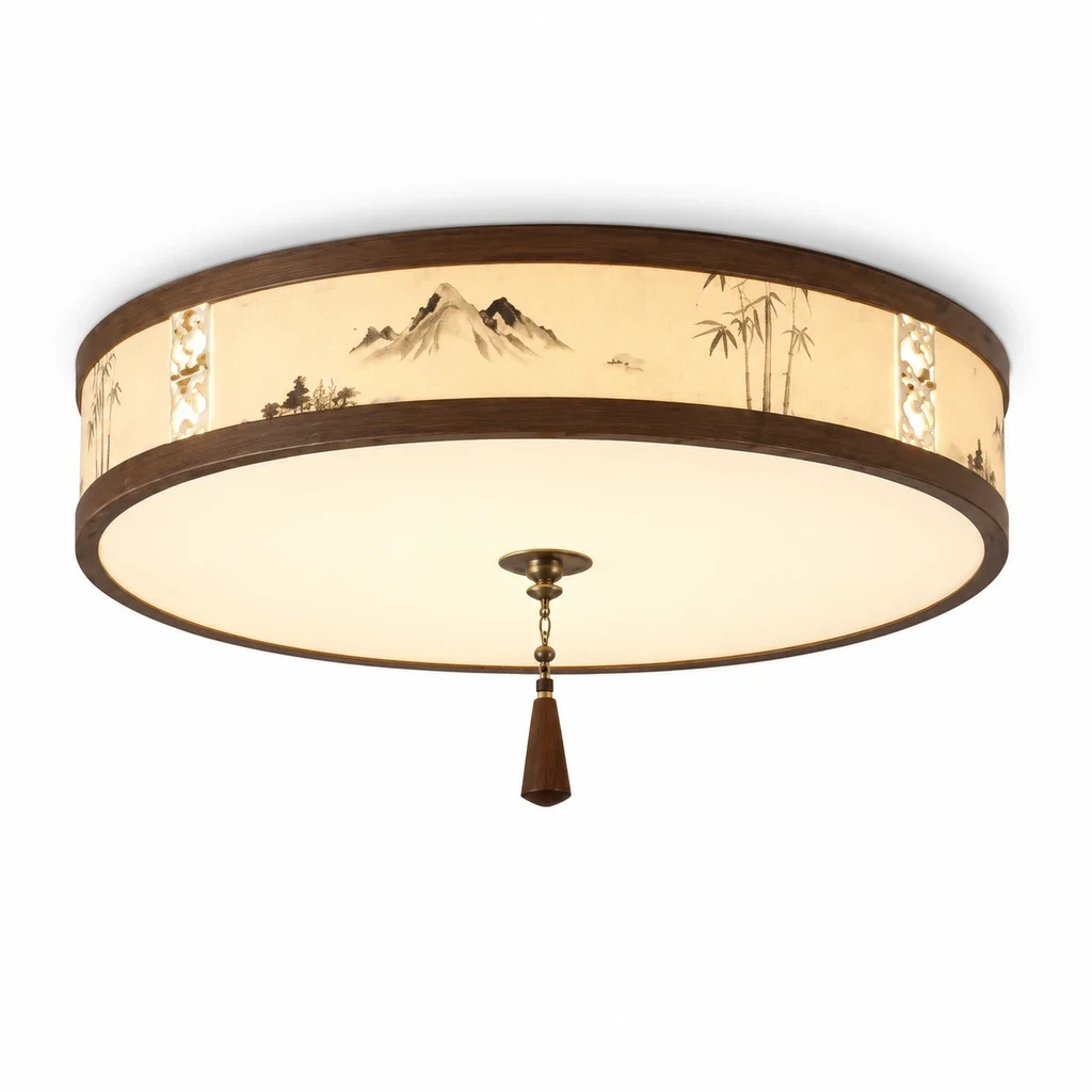 Mei landscape fabric flush mount ceiling light on white background