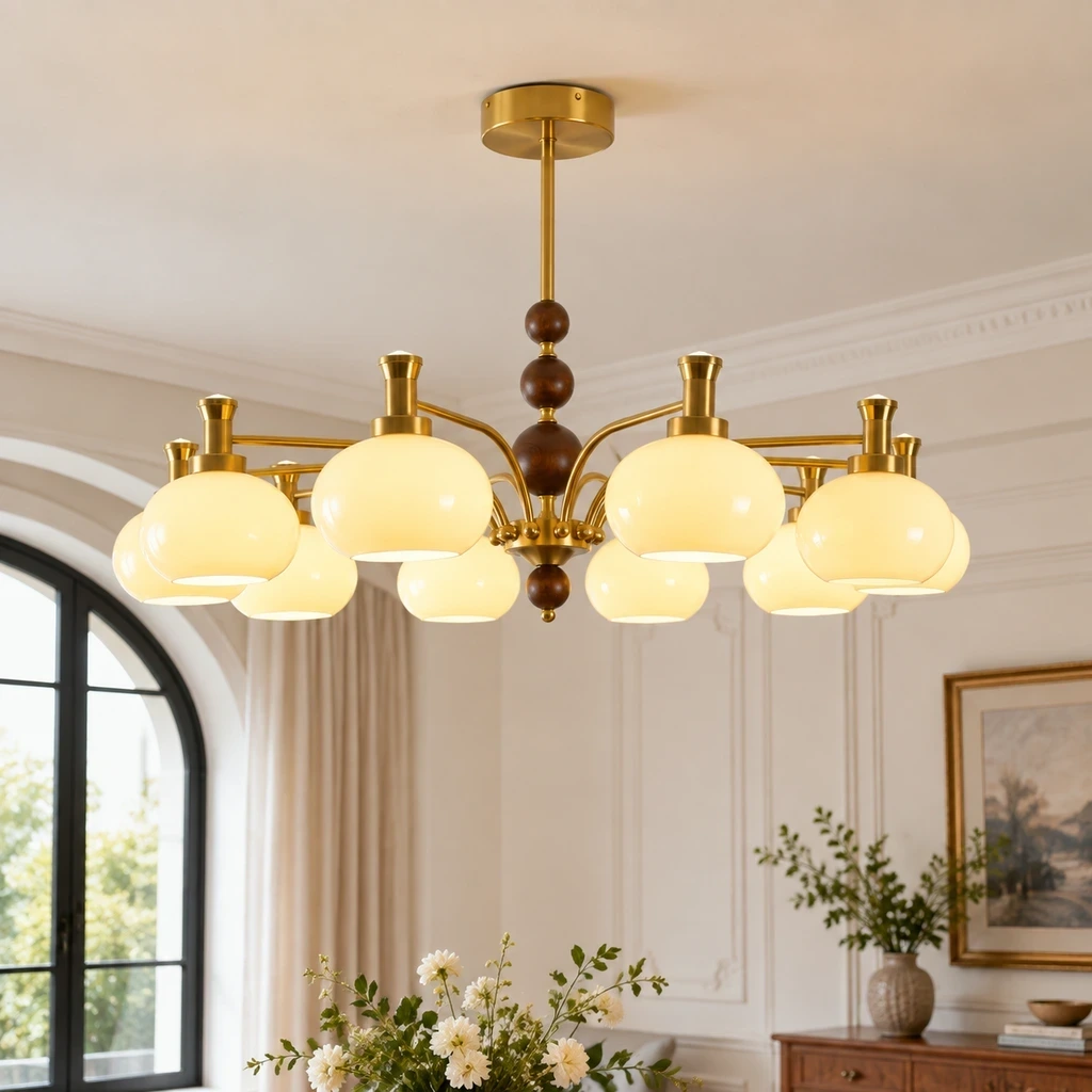 Maeve French Multi-Light Glass Wood Chandelier installed in a bright interior