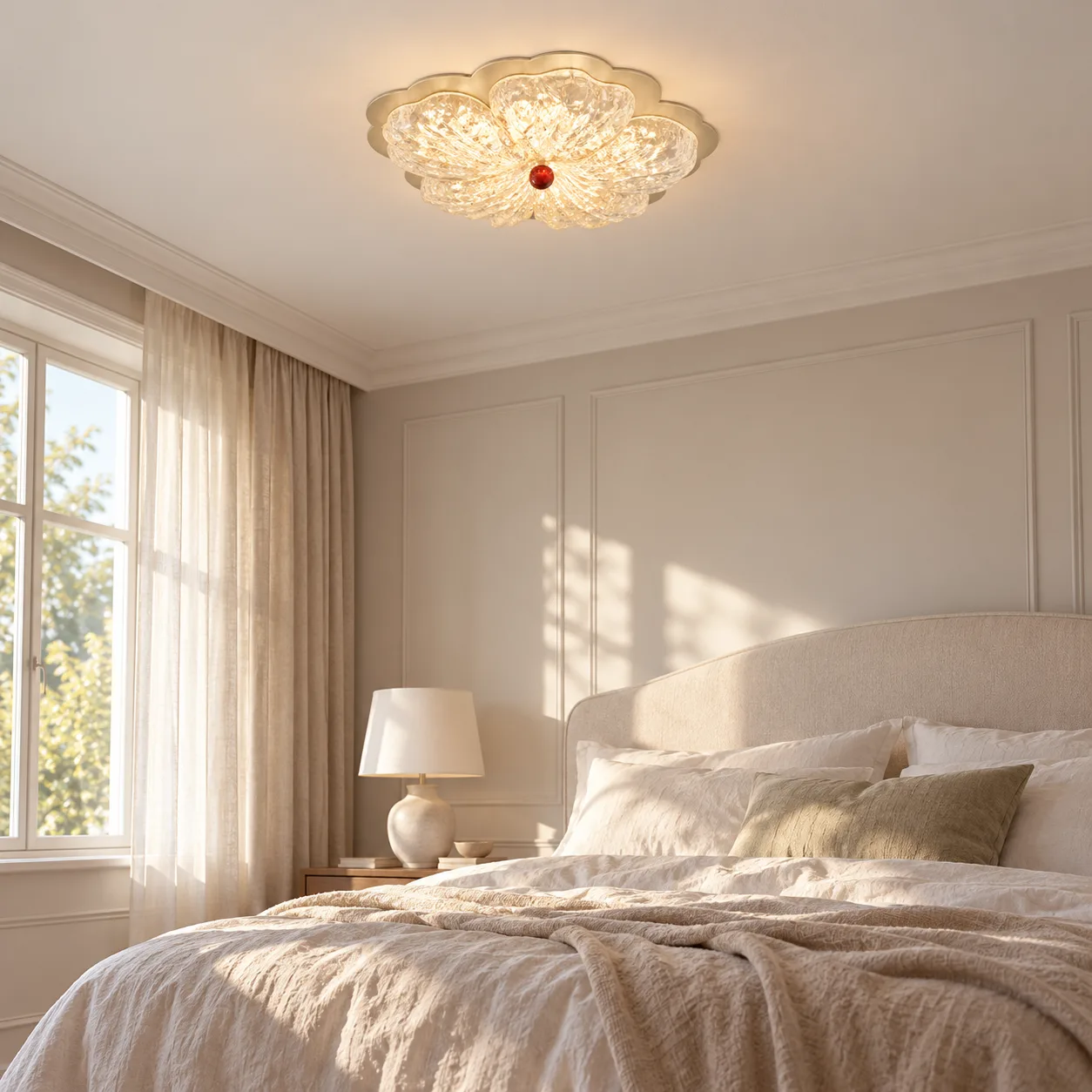 Cream floral flush mount in a bedroom