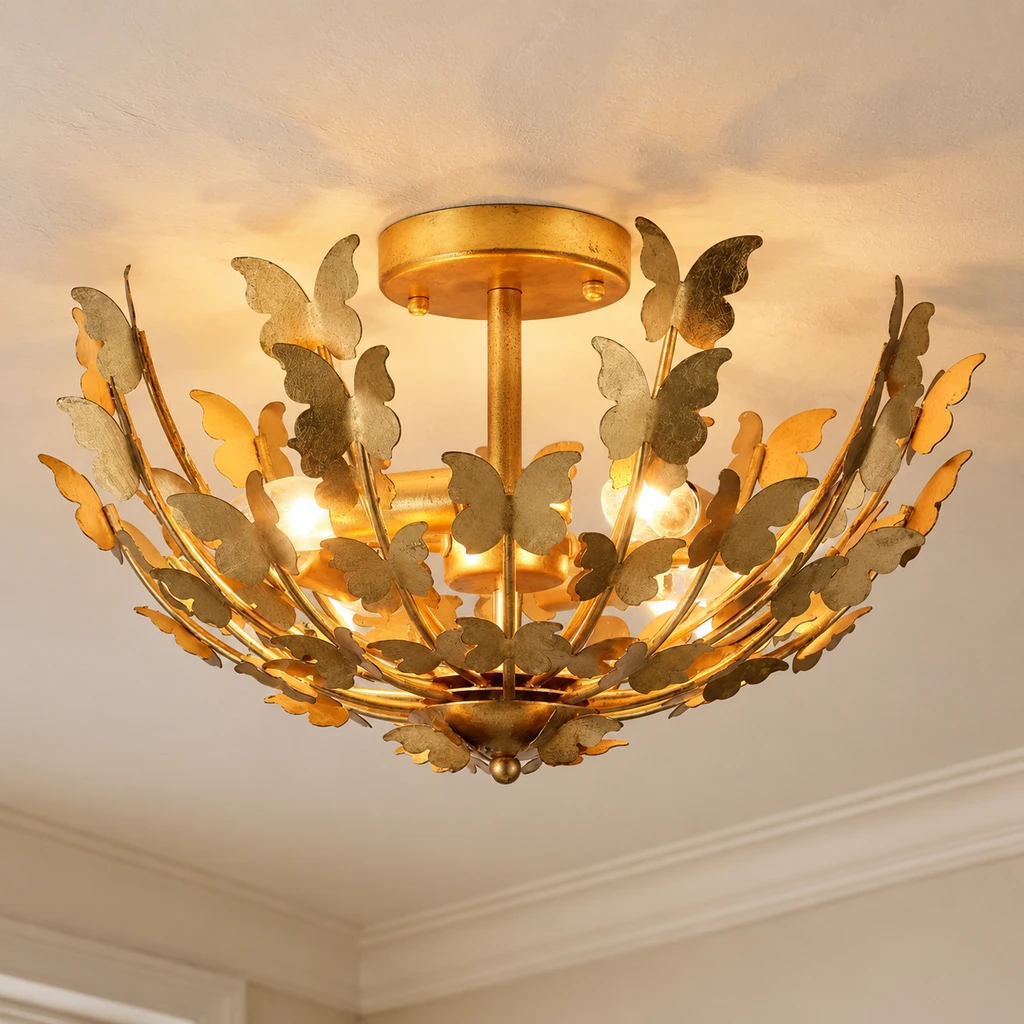 Elena French vintage butterfly iron ceiling light centered in a pale entry interior