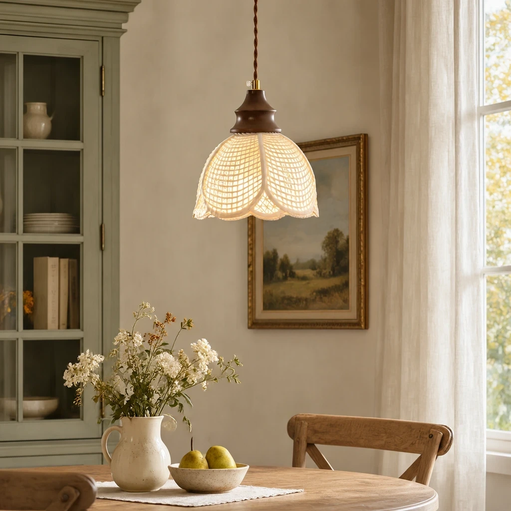 Lina Vintage Floral Ceramic Wood Pendant Light in a dining or living setting