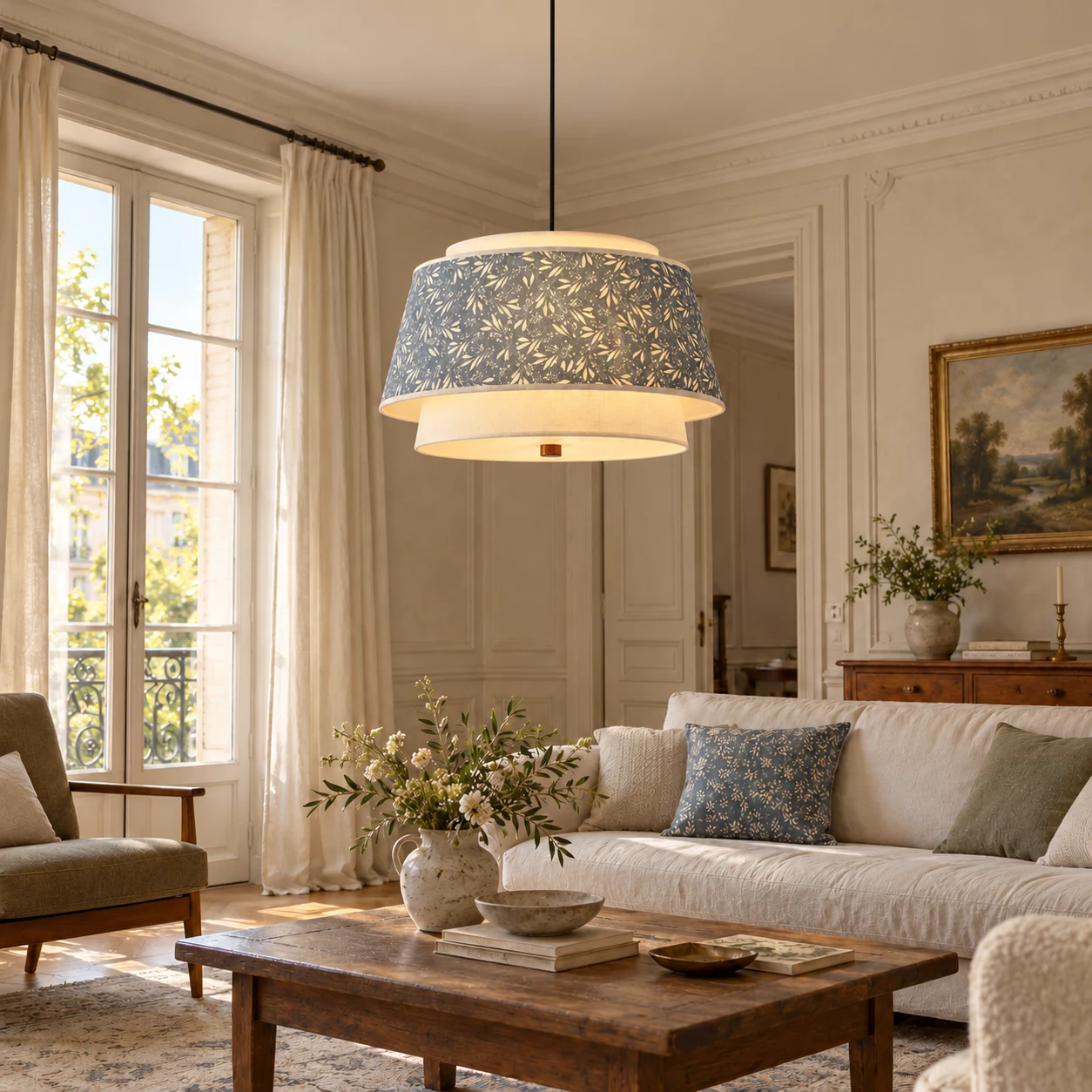 Liora Vintage Double-Tier Fabric and Wood Pendant Light in blue floral in a living room
