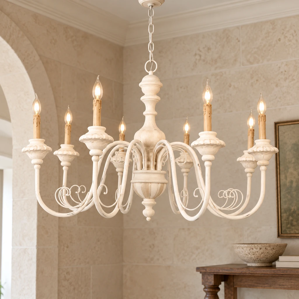 Elise American Vintage Carved Wood Chandelier, Soft White Wood, close architectural setting