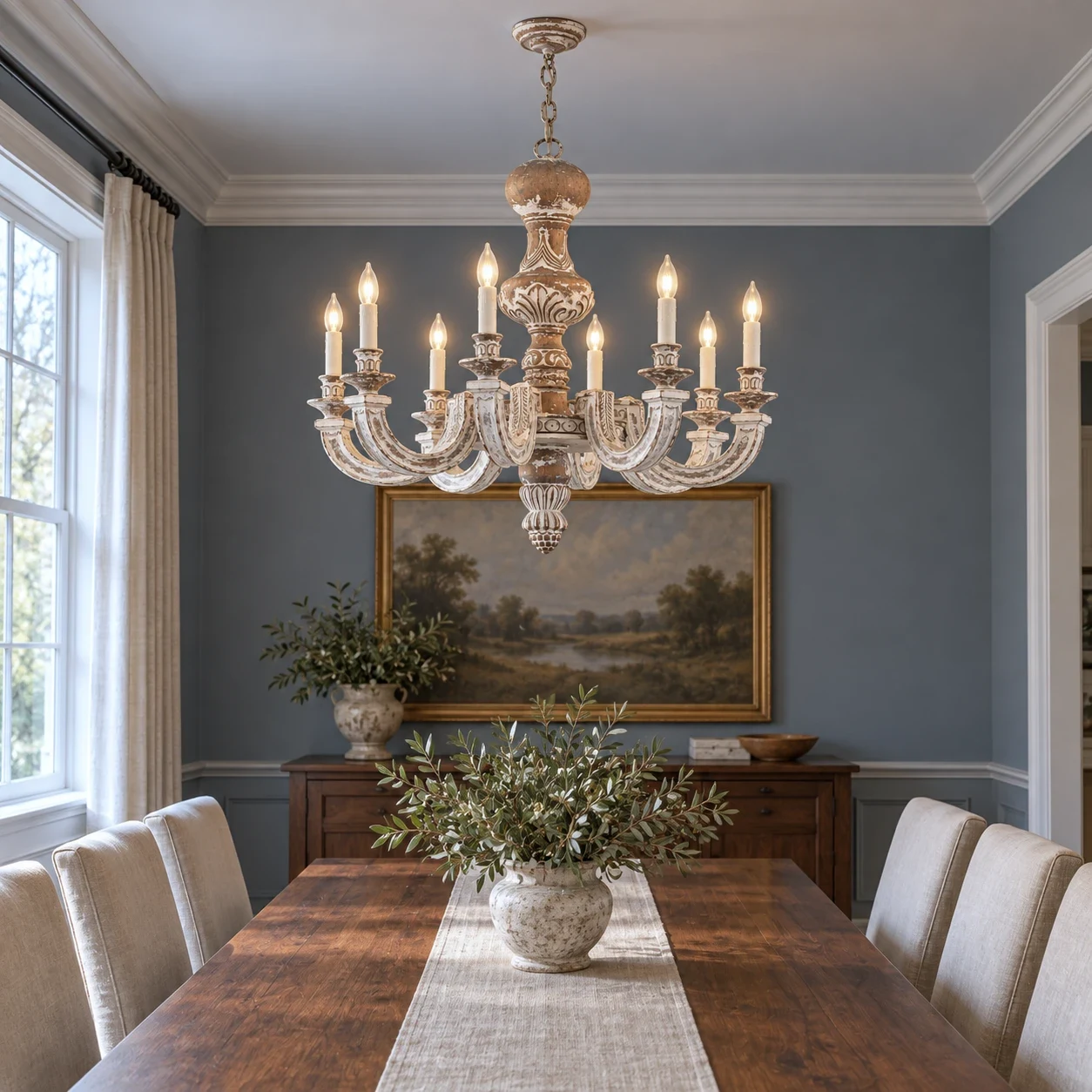Elowen wood chandelier over a dining table in a blue-gray dining room