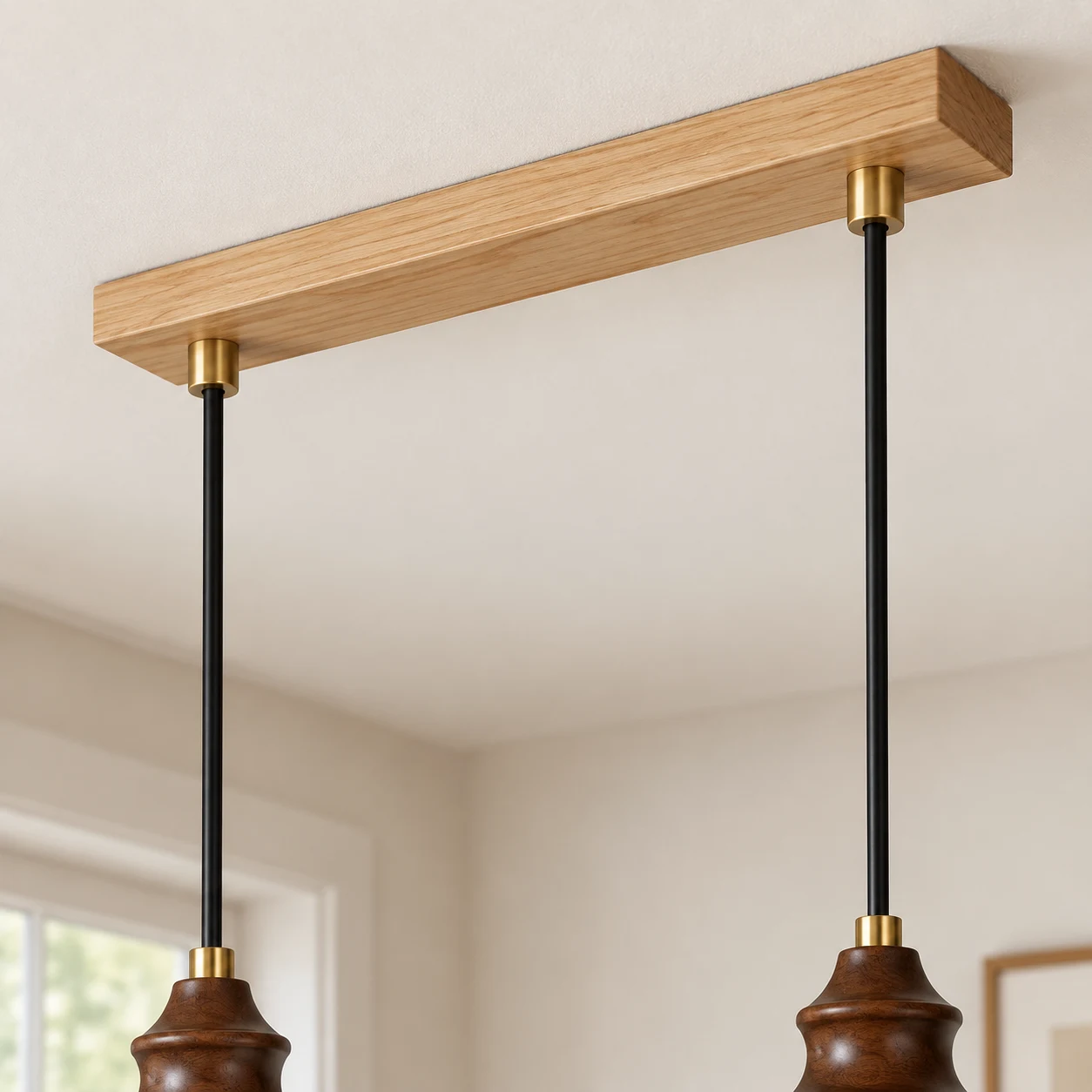 Natural ash wood ceiling rail and two black cords close-up
