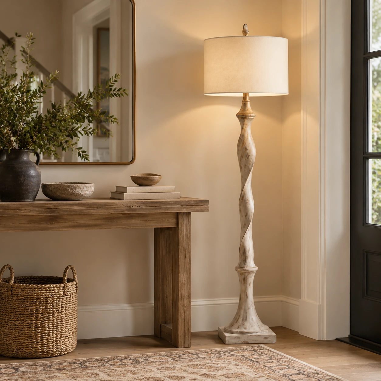Mira Rustic Carved Wood Floor Lamp in a residential interior