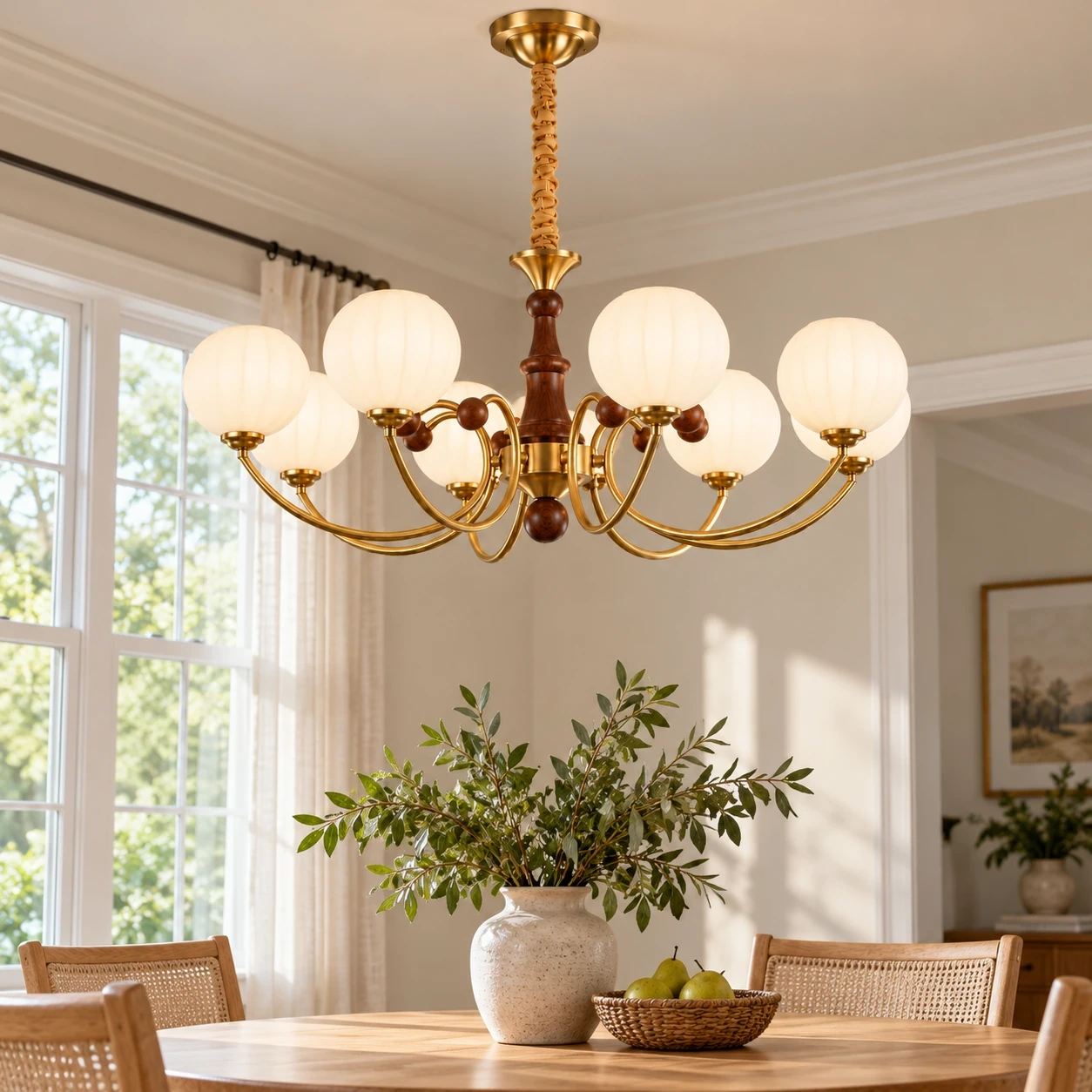 Close view of Margot chandelier above a breakfast nook table